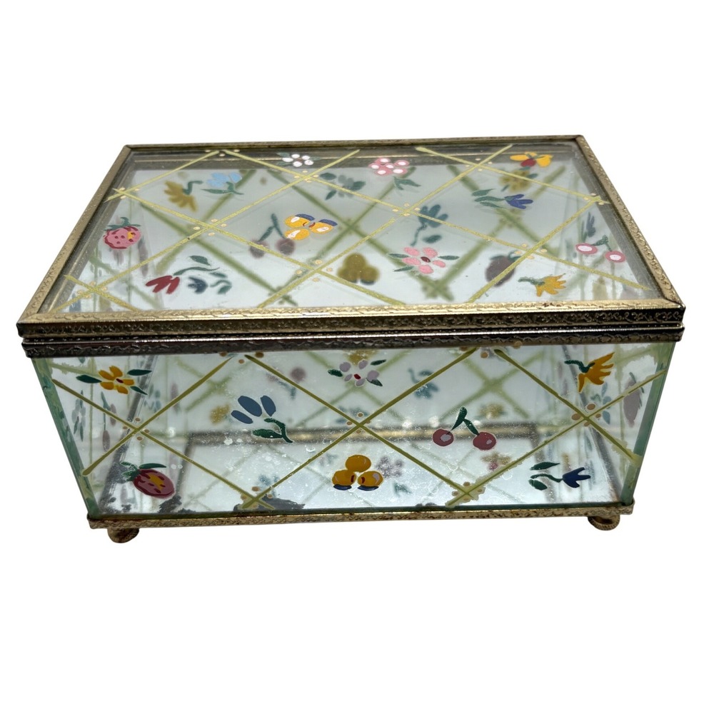 Vintage Hand Painted Glass Jewelry Box Floral Fruit Lattice Brass Trim Mirrored